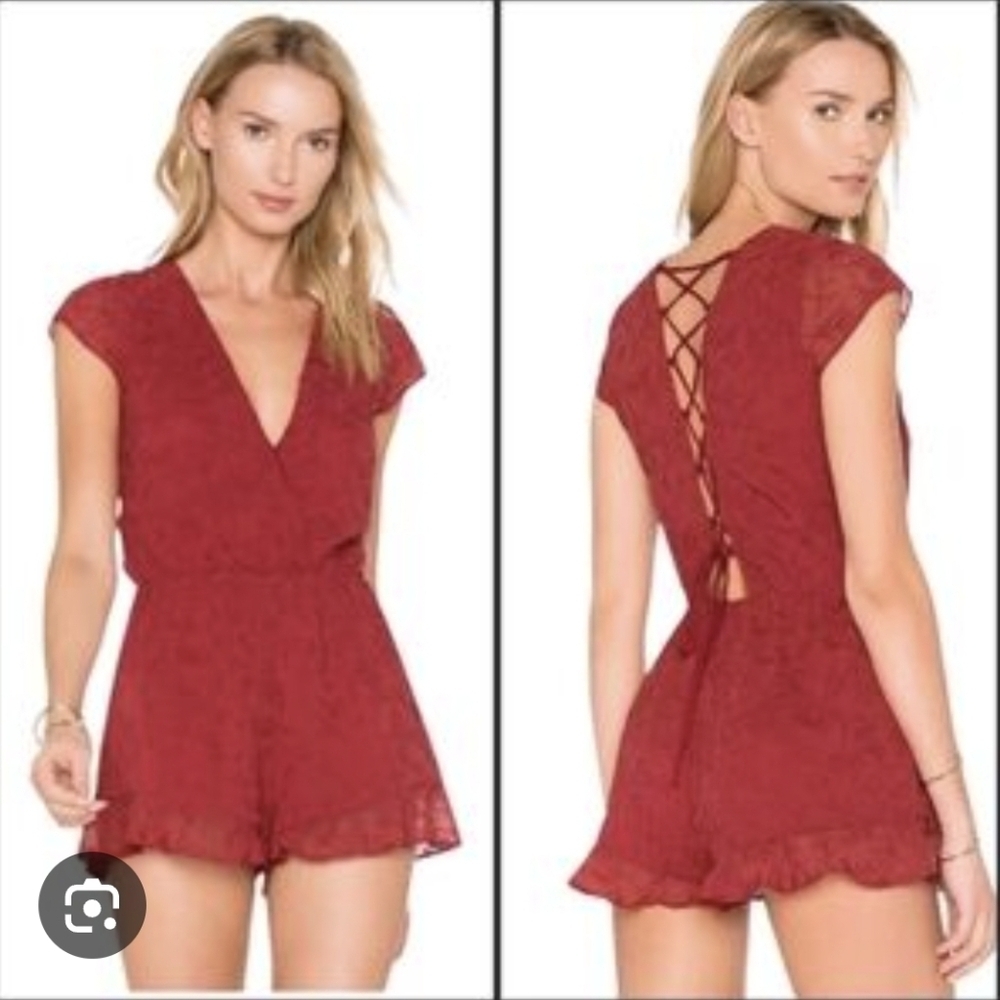 Lovers + Friends Red Palm Floral Lace Romper with Crisscross Lace Up Back S